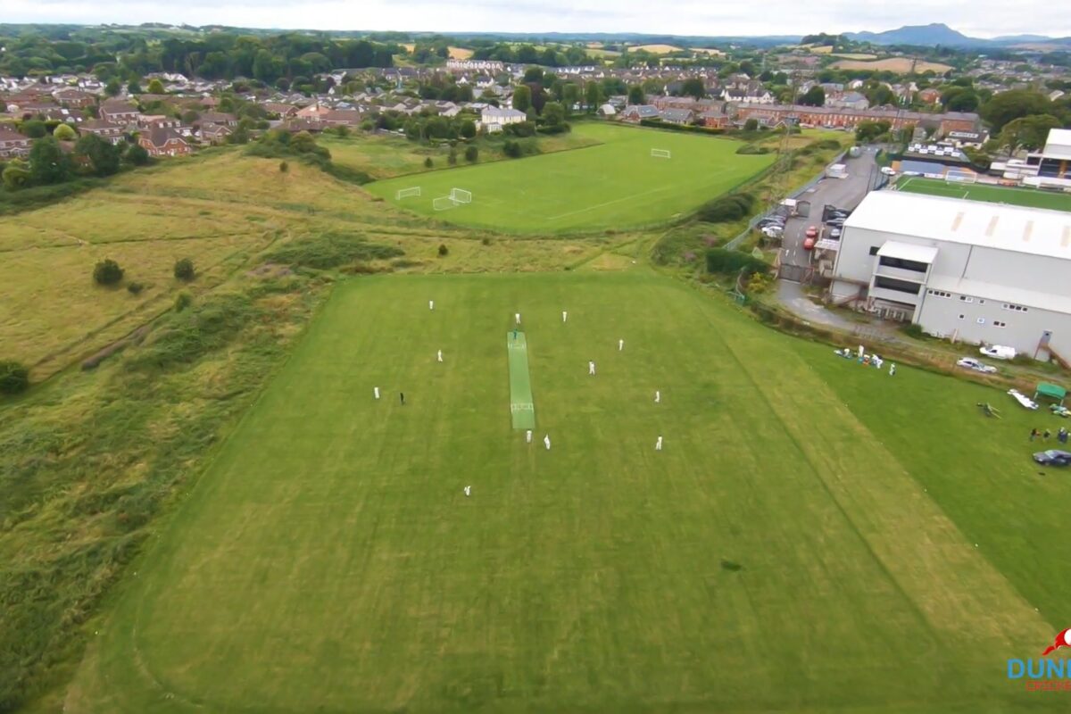 Aerial view of lush green cricket grounds at Dundalk Cricket Club